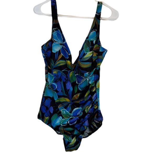 Miraclesuit Oceanus Blue Black V-Neck Swimsuit Size 16 EUC #5675 - Picture 1 of 9